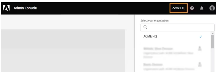 Adobe Admin Console 原廠操作示意,展示組織切換選單