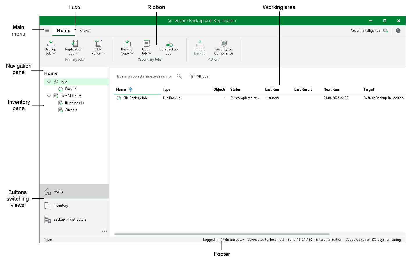 Veeam Backup & Replication 官方控制台介面及操作區域說明