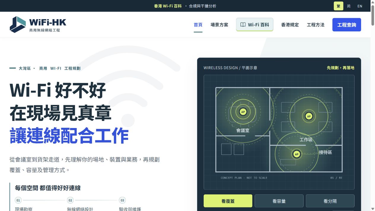 WiFi-HK 首頁實際畫面：商用 Wi-Fi 工程介紹及可切換規劃視角的概念平面圖