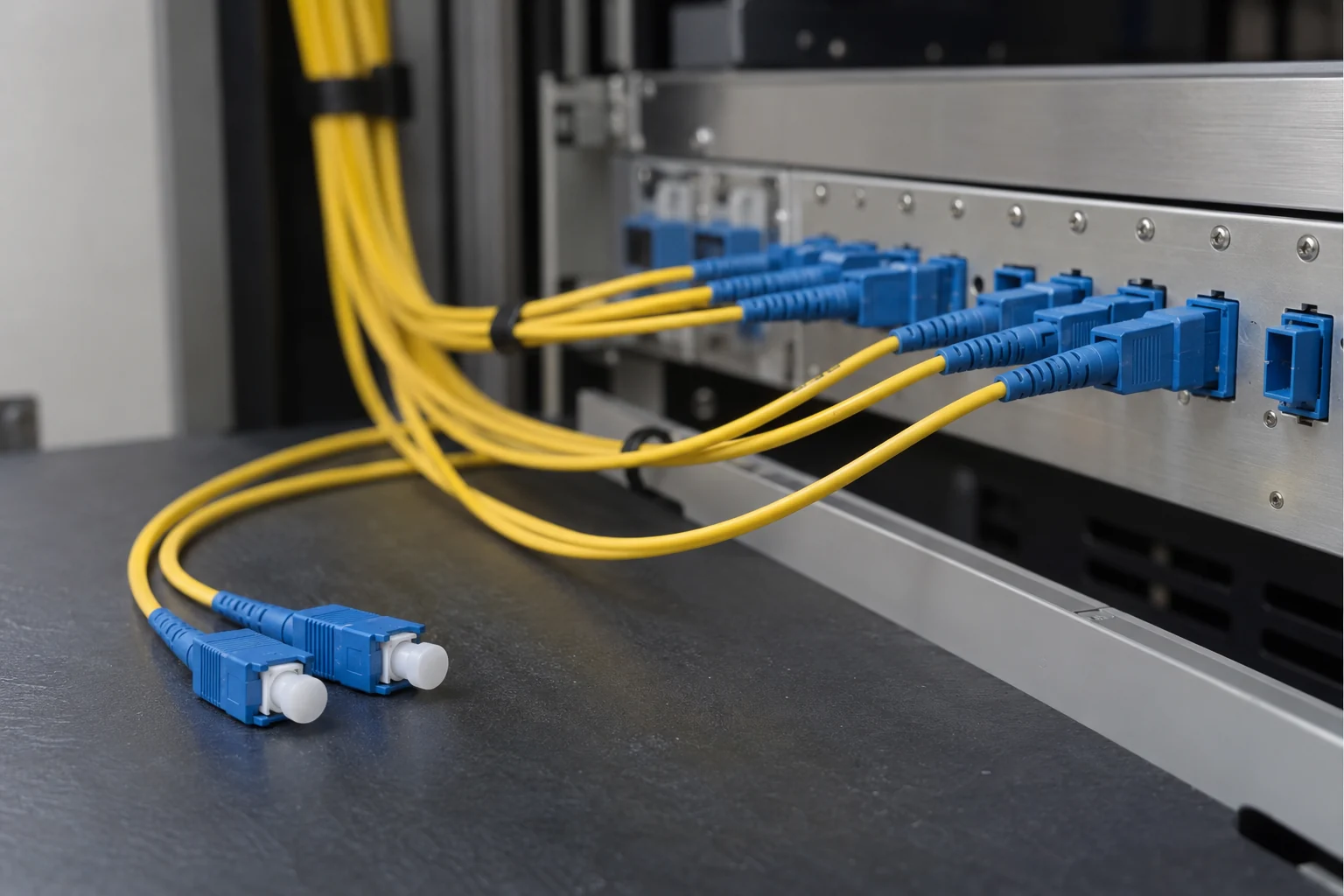 Fibre patch-panel and single-mode connection scenario illustration