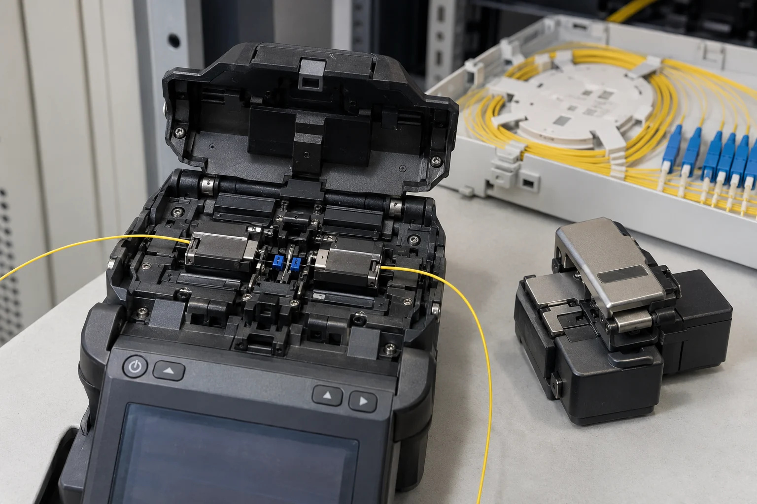 Fibre splicing equipment and patch-panel scenario illustration
